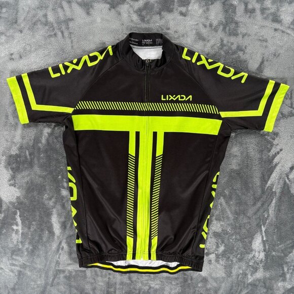 Lixada Cycling Jersey XL Black Neon Green Short Sleeve Full Zip Reflective - Picture 1 of 8